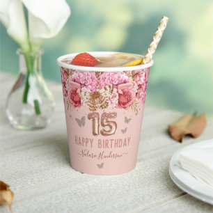 Gobelets En Papier Papillons floraux rose heureux 15e anniversaire