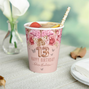 Gobelets En Papier Papillons floraux rose joyeux 13e anniversaire