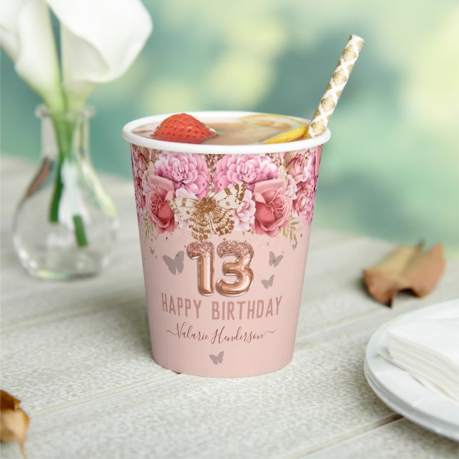 Gobelets En Papier Papillons floraux rose joyeux 13e anniversaire (Insitu)
