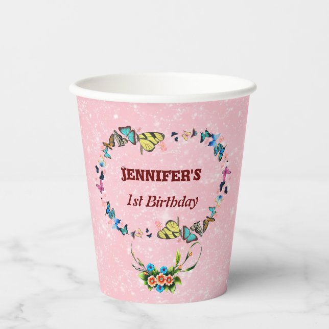 Gobelets En Papier papillons roses flottant Filles 1er anniversaire f (Recto)