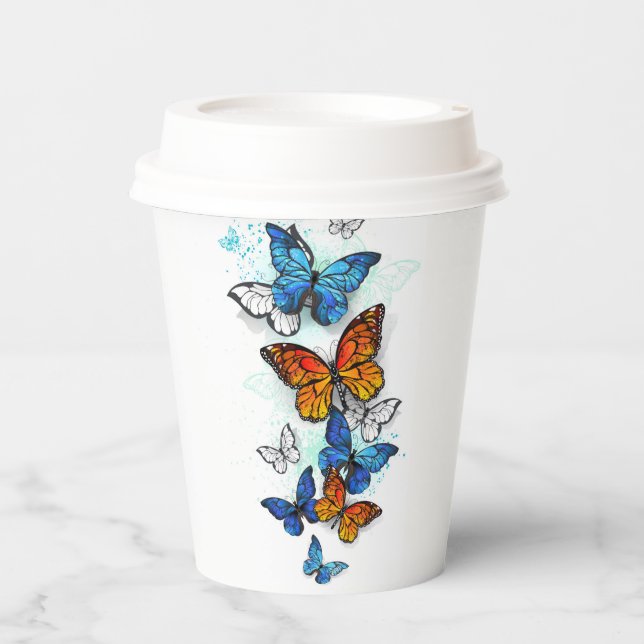 Gobelets En Papier Papillons volants Morpho et Monarch (Recto)