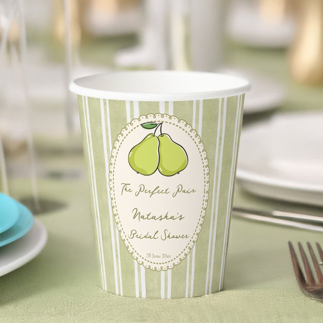 Gobelets En Papier Parfait ensemble rayure verte sauge poire douche d (Perfect pair sage green stripes pear bridal shower personalized paper cups retro grand millennial )