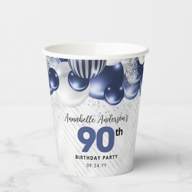 Gobelets En Papier Parties scintillant bleu marine en argent 90e anni (Gauche)