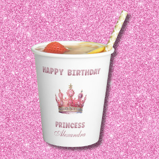 Gobelets En Papier Parties scintillant de la Couronne Pink Fairytale