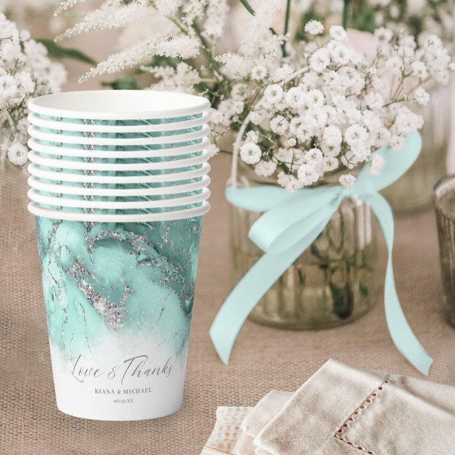 Gobelets En Papier Parties scintillant de marbre Mariage Turquoise Si (Créateur téléchargé)