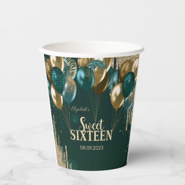 Gobelets En Papier Parties scintillant d'or Ballons Green Sweet 16 (Recto)