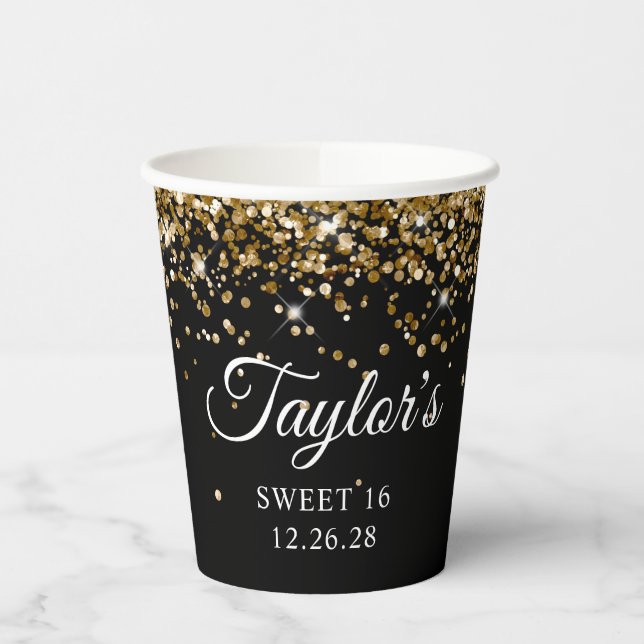 Gobelets En Papier Parties scintillant d'or Black Sweet 16 (Gauche)