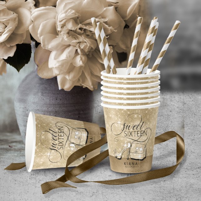 Gobelets En Papier Parties scintillant et brillant Sweet 16 V2 Gold I (Créateur téléchargé)