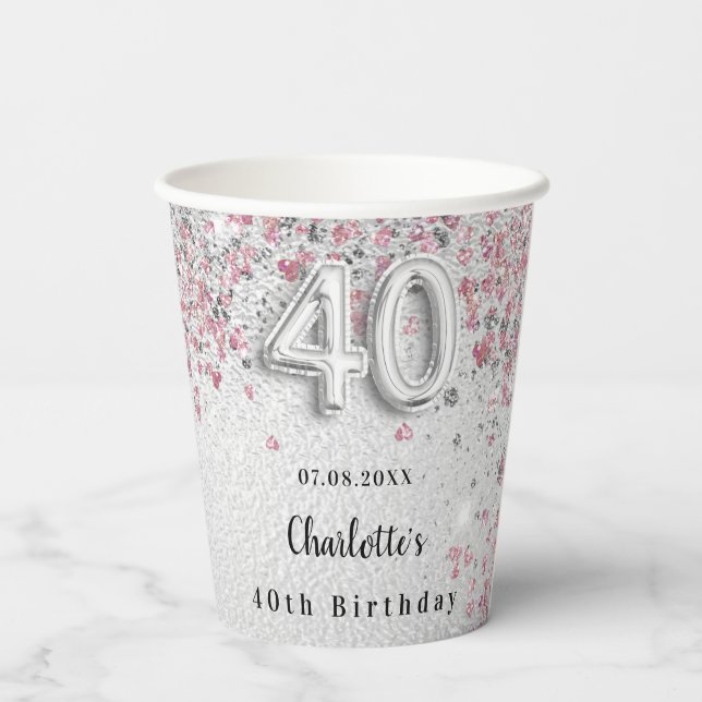 Gobelets En Papier Parties scintillant rose argent 40e anniversaire (Verso)