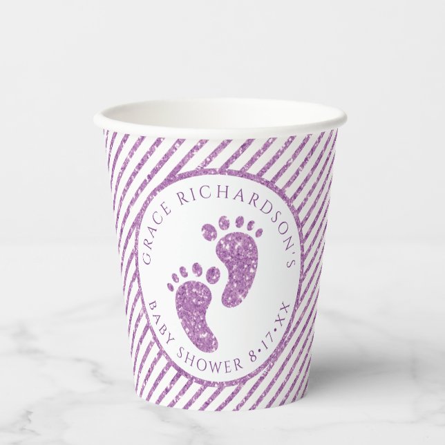 Gobelets En Papier Parties scintillant violet Baby shower pieds bébé  (Recto)