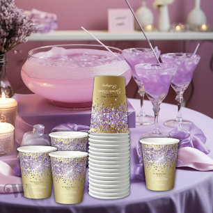 Gobelets En Papier Parties scintillant violette sur Gold Quinceañera
