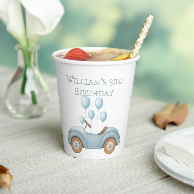 Gobelets En Papier Pastel Blue Balloons & Voiture Anniversaire - (Insitu)