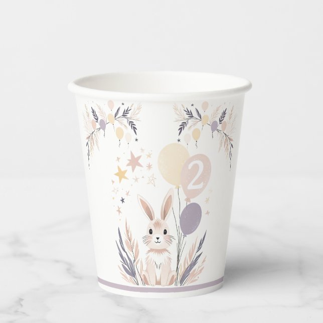 Gobelets En Papier Pastel Boho Rabbit et Ballons Anniversaire (Recto)