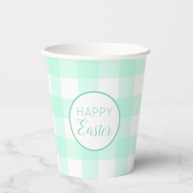 Gobelets En Papier Pastel Mint Green Happy Pâques Plaid Motif (Recto)