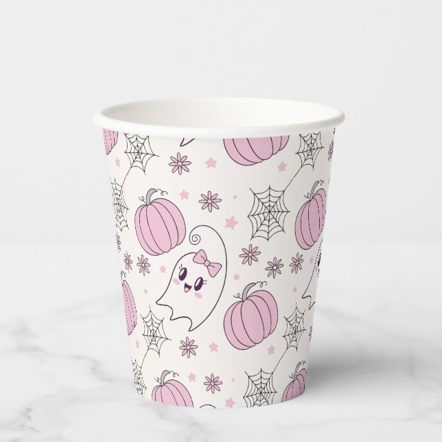 Gobelets En Papier Pastel Pink Halloween Motif sans couture (4) (Recto)