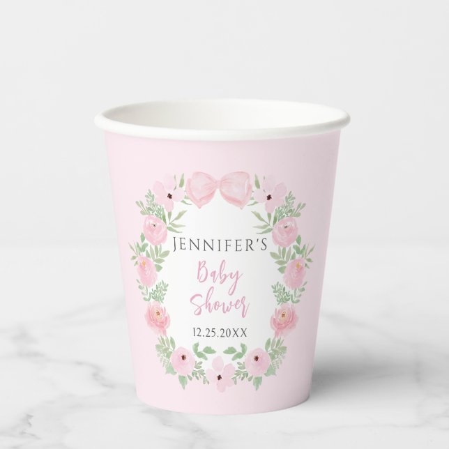 Gobelets En Papier Pastel rose fleuri wreath boho bébé douche (Recto)