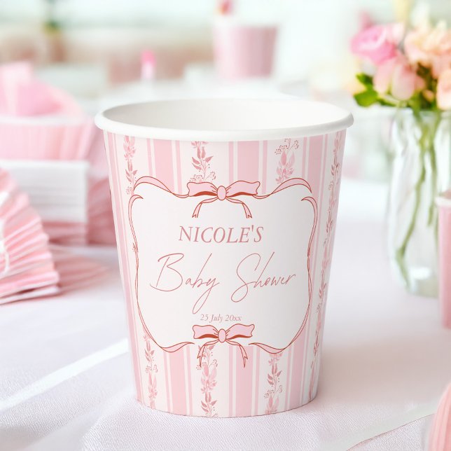 Gobelets En Papier Pastel rose rétro rayures baby shower personnalisé (Pastel pink retro stripes coquette baby shower monogrammed paper cups personalized table decor)