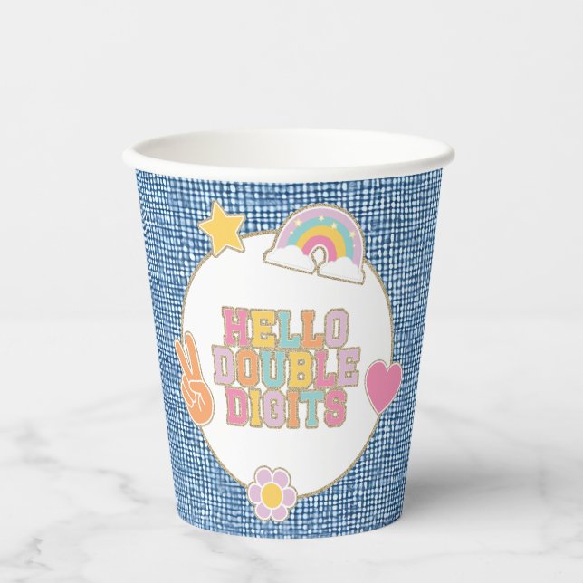 Gobelets En Papier Patch Preppy Bonjour Double Chiffres 10e Anniversa (Recto)