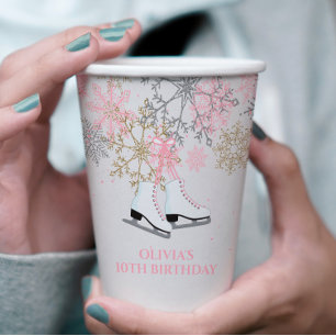 Gobelets En Papier Patinage sur glace Anniversaire Pink Gold Snowflak