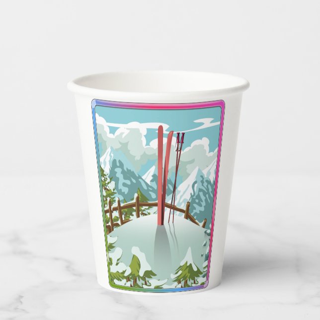 Gobelets En Papier Paysage de ski dessin animé (Recto)