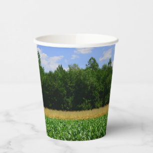 Gobelets En Papier Paysage rural d'un champ de maïs & blé & ciel bleu