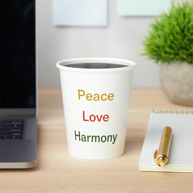 Gobelets En Papier Peace Love Harmony rouge vert or tasse de papier (Insitu)