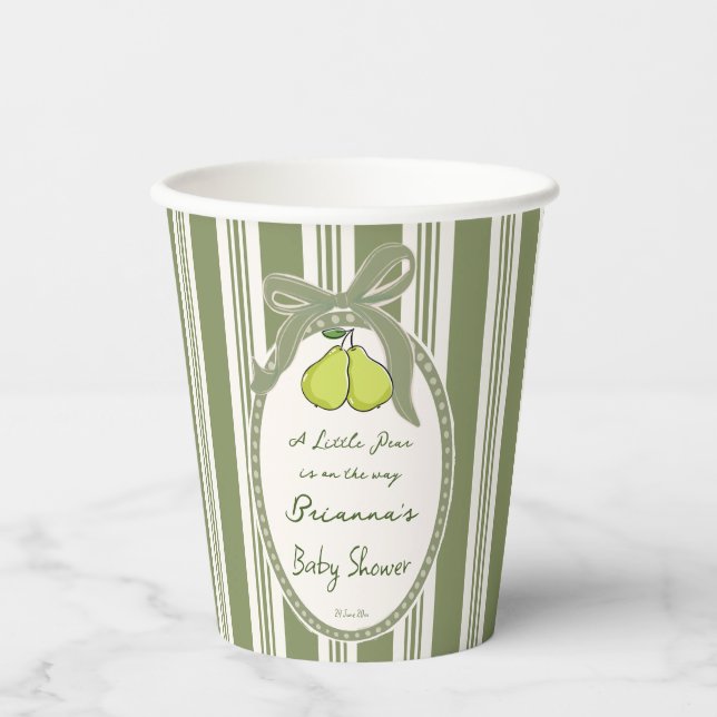 Gobelets En Papier Pear sage green retro stripes baby shower custom (Recto)