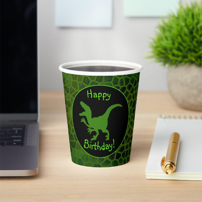 Gobelets En Papier Peau de dinosaure vert Joyeux anniversaire !  (Insitu)