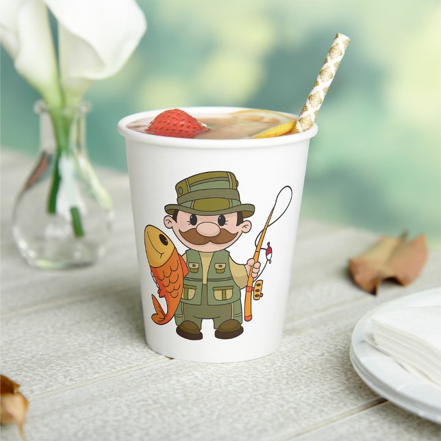 Gobelets En Papier Pêcheur de dessin animé avec Gros Catch Funny Fish (Créateur téléchargé)