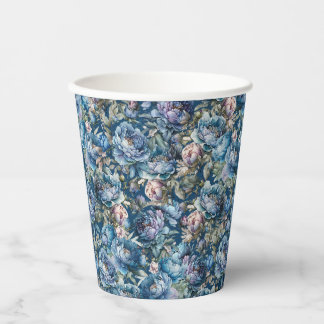 Gobelets En Papier Peine bleue motif floral vintage jardin fleuri