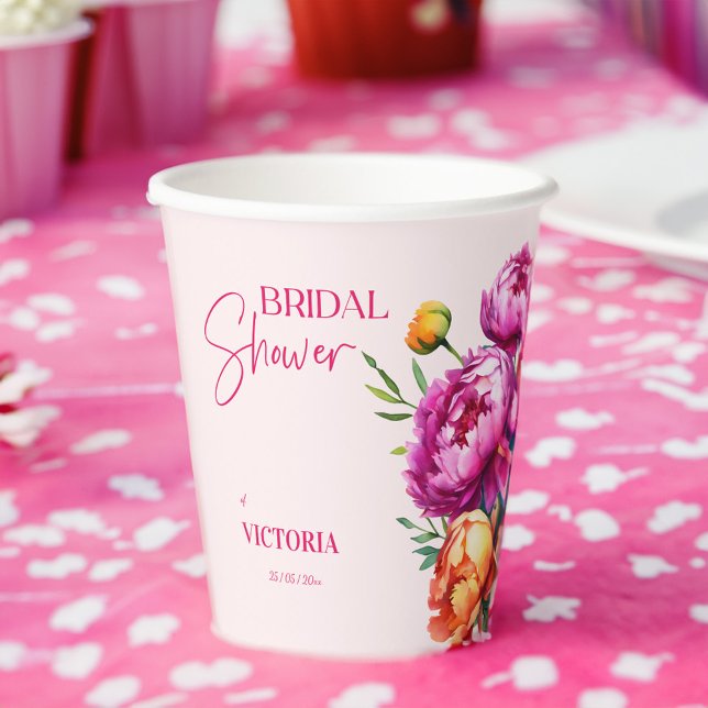 Gobelets En Papier Peonées de pêche magenta rose élégante douche nupt (Pink magenta peach peonies elegant floral bridal shower paper cups personalized tableware decor)