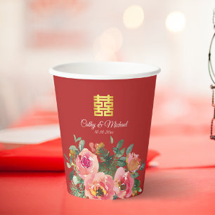 Gobelets En Papier Peony floral double bonheur chinois mariage rouge
