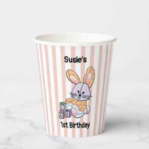 Gobelets En Papier Pépinière à rayures roses personnalisées - Lapin