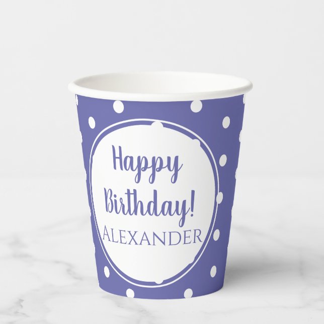Gobelets En Papier Periwinkle Pois modernes Nom Joyeux anniversaire (Recto)