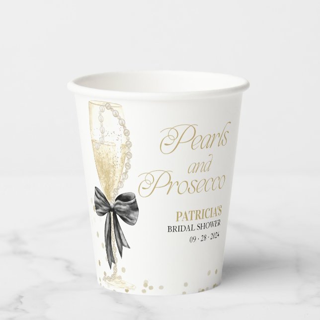 Gobelets En Papier Perles Black Bow & Prosecco à la Fête de Mariage (Recto)