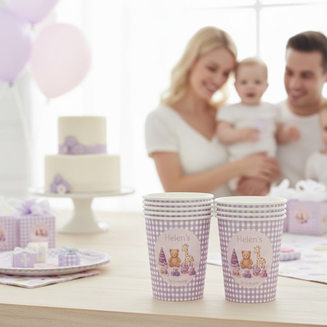 Gobelets En Papier Personalized Lavender Gingham 1st Birthday  (Créateur téléchargé)