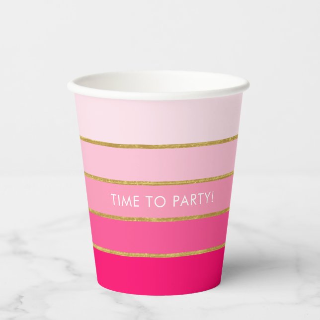 Gobelets En Papier Personnalisable Bright Pink & Gold Stripe Party (Recto)