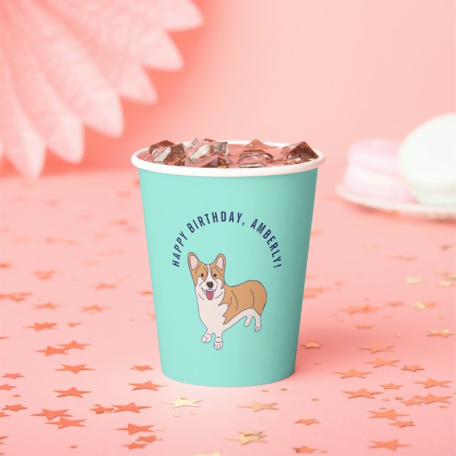 Gobelets En Papier Personnalisé Corgi Chien Mint Green Anniversaire P (Insitu)