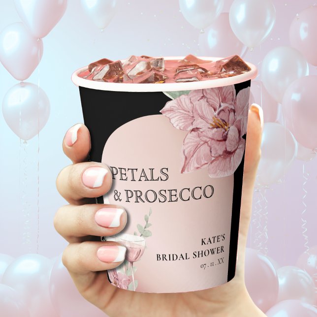 Gobelets En Papier Pétales et Prosecco Fête de Mariage Noir et Or Ros (Petals & Prosecco Black & Rose Gold Bridal Shower Paper Cups
)