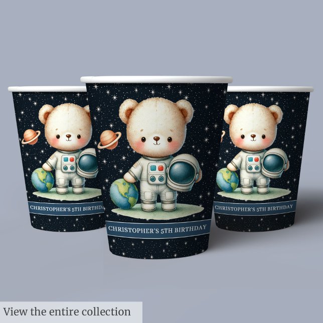 Gobelets En Papier Petit Anniversaire Teddy Bear Astronaut Coupes pap (Boy Birthday Teddy Bear Astronaut Party Paper Cups)