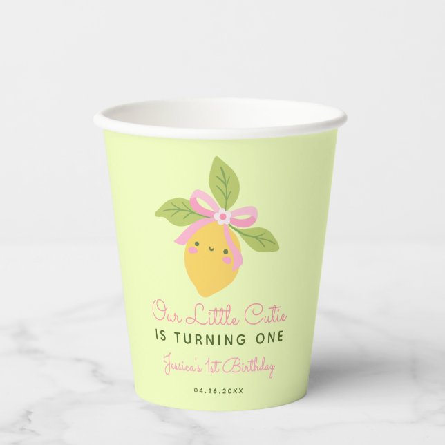 Gobelets En Papier Petit Citron Mignon Vert Menthe 1er Anniversaire (Recto)