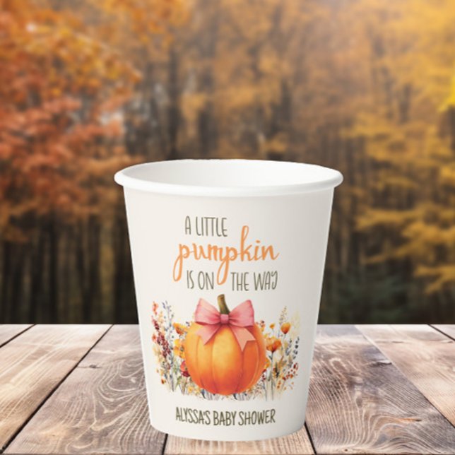Gobelets En Papier Petit Citrouille Pink Bow Baby Girl Douche (Little Pumpkin fall/autumn baby shower 8 oz. paper cups)