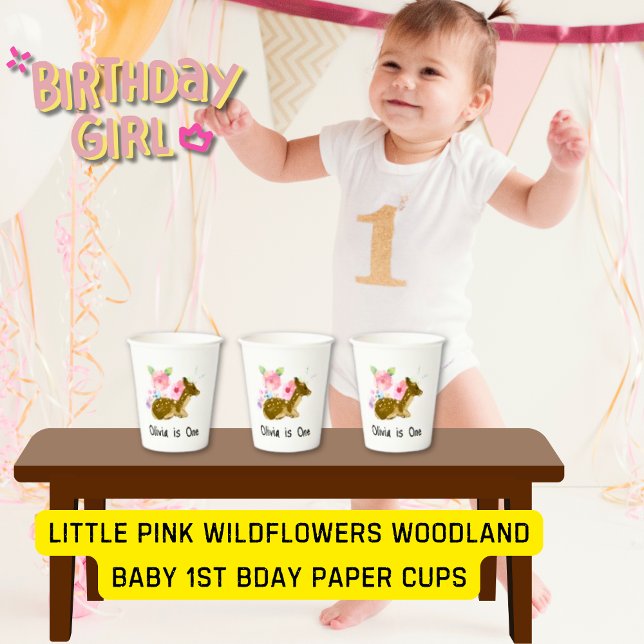 Gobelets En Papier Petit Fleur sauvage rose Woodland Baby 1er anniver (Little Pink Wildflowers Woodland Baby 1st bday Paper Cups)