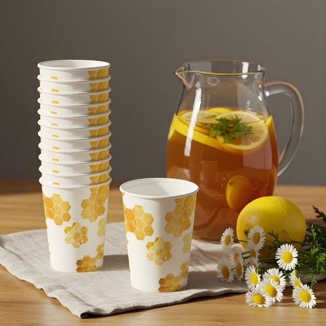 Gobelets En Papier Petit Miel Sur Le Chemin Abee Baby shower Monogram (Little Honey On The Way Bee Baby Shower Monogram Paper Cups)