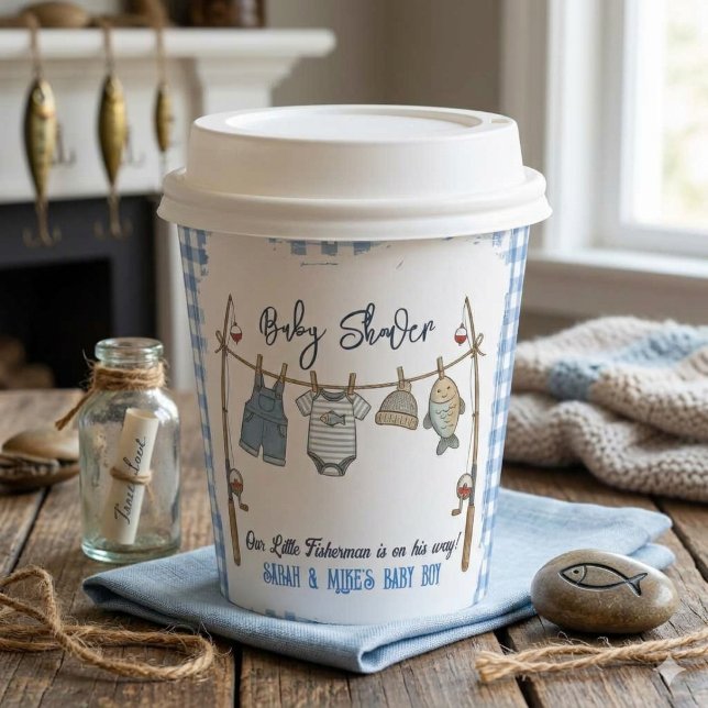 Gobelets En Papier Petit pêcheur bleu gingham garçon pêcheur (Créateur téléchargé)