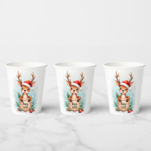 Gobelets En Papier Petit renne avec un chapeau de Père Noël Bonne ann