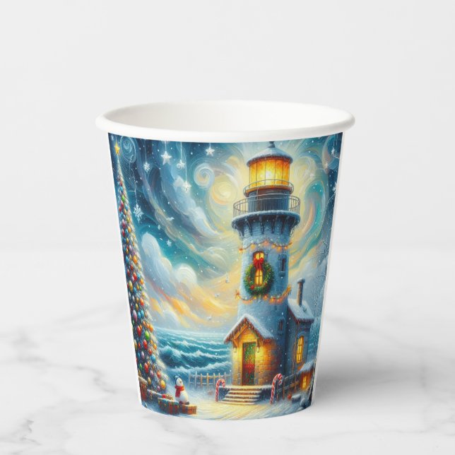Gobelets En Papier Phare de Noël Arbre Nautique Bleu Côtier (Recto)