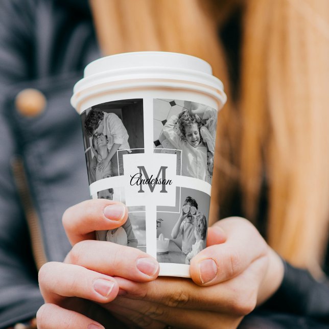 Gobelets En Papier Photo Famille Collage tendance Noir & Blanc Initia (Créateur téléchargé)
