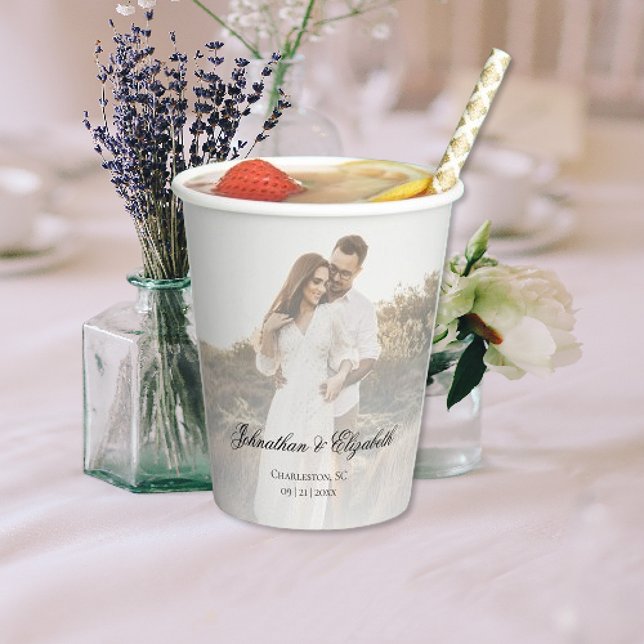 Gobelets En Papier Photo moderne avec Mariage superposé (Modern Photo and Overlay Wedding Paper Cup)