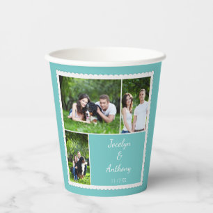 Gobelets En Papier Photo personnalisée Turquoise bleu et blanc Maria